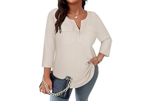 Viracy Women Plus Size Sweaters 3/4 Sleeve Zip V Neck Ribbed Solid Color Casual Blouses Tops XL-5XL