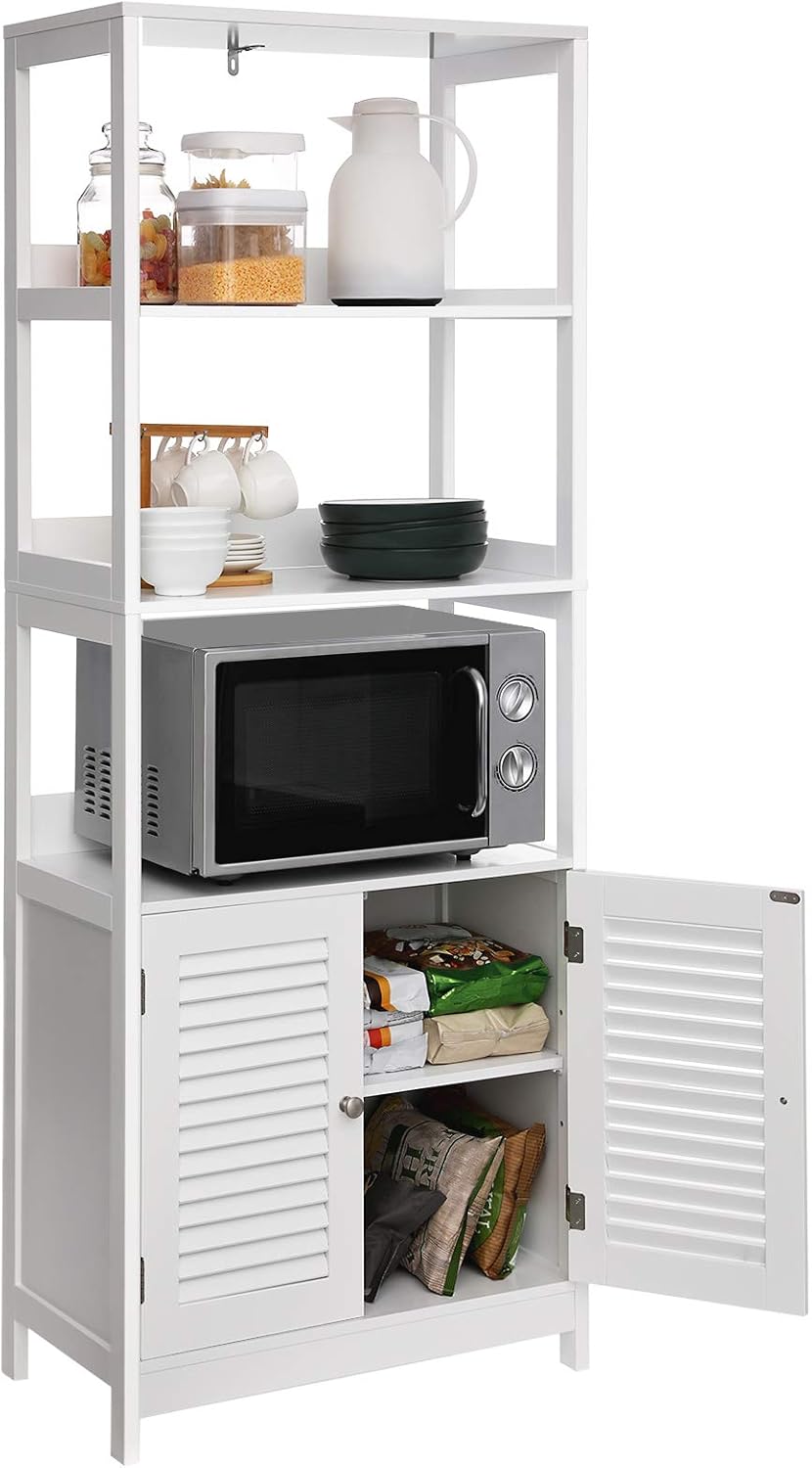 linen cabinet freestanding on Matte White Ubbc82wt Storage Cabinet With 3 Open Shelves And Double Doors 23 6 X 12 8 X 60 6 Inches Freestanding Linen Tower Kitchen For Living Room Vasagle Bathroom Tall Cabinet Entryway Home Kitchen Storage Cabinets