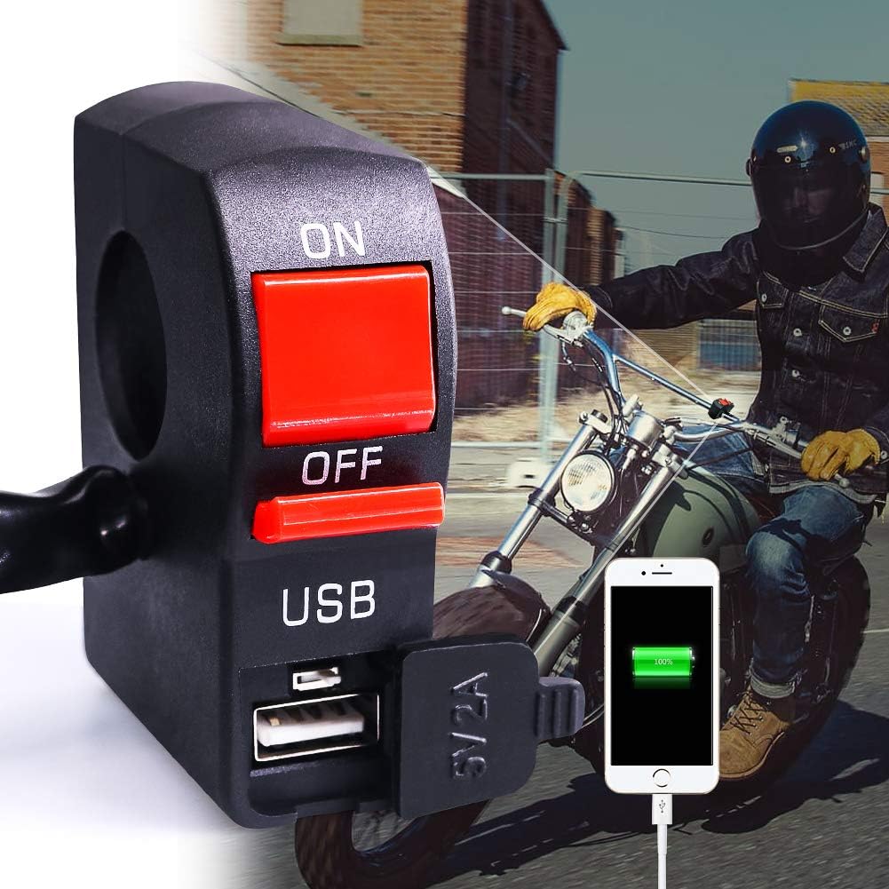 Motorcycle Handlebar Toggle Switch with USB Charger, 2 in 1 Motorbike Headlight Switch Controller with USB Port