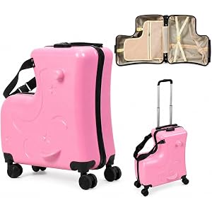 YESBAY 20-Inch Kids Ride On Luggage with Seat, Hardshell Carry On Suitcase with 4 Spinner Wheels, Foldable Foot Pedals and Te