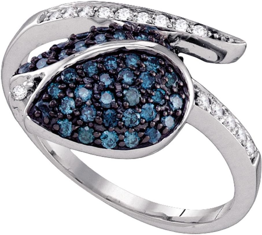 10k White Gold Blue Diamond Classy Tulip Flower Cluster Ring 0.48 Cttw