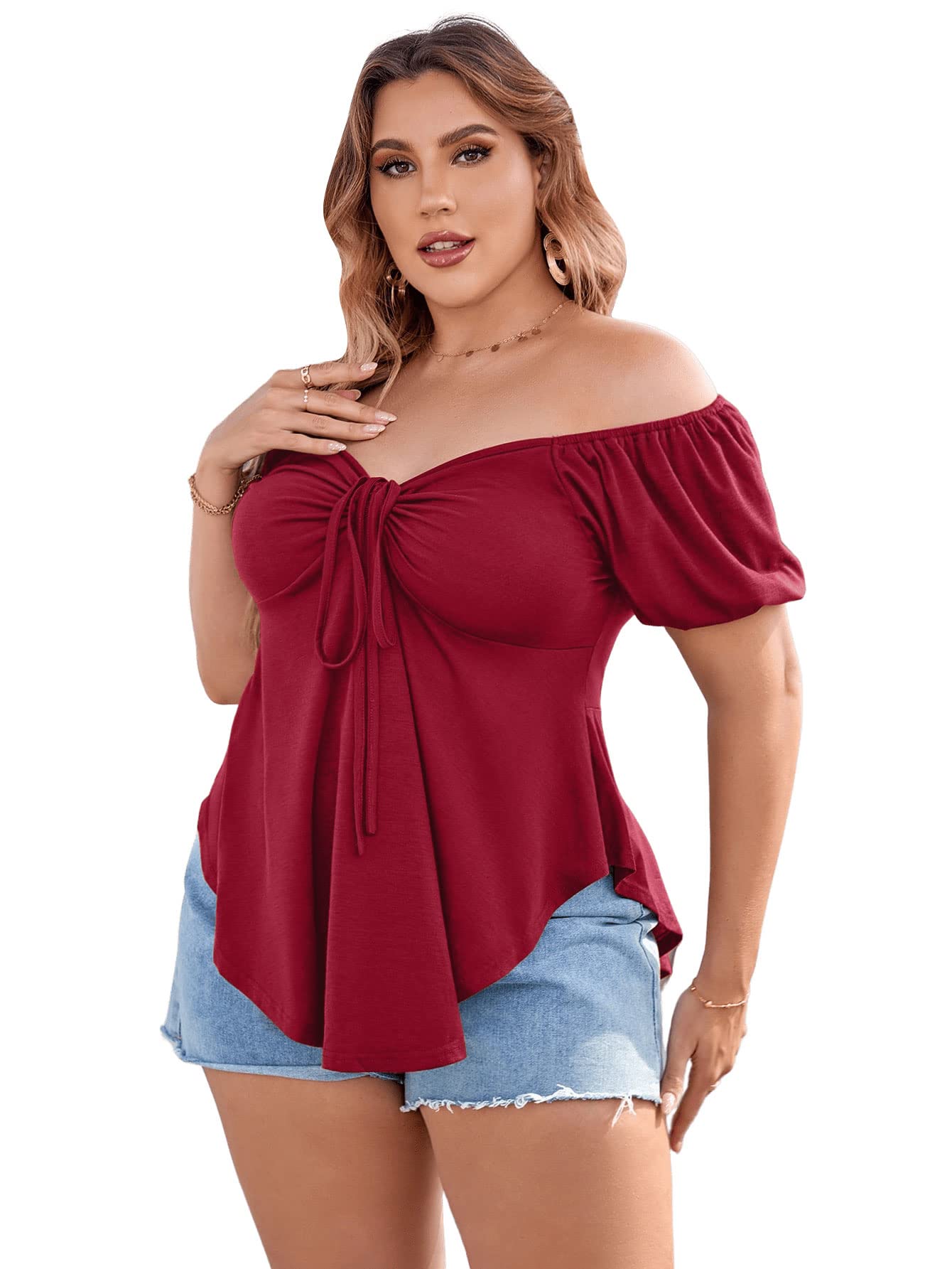 Photo 1 of  XLSIZE* SOLY HUX Women's Plus Size Short Sleeve Peplum Blouse Tie Front Ruffle Hem Summer T Shirt Tops Burgundy 0XL
