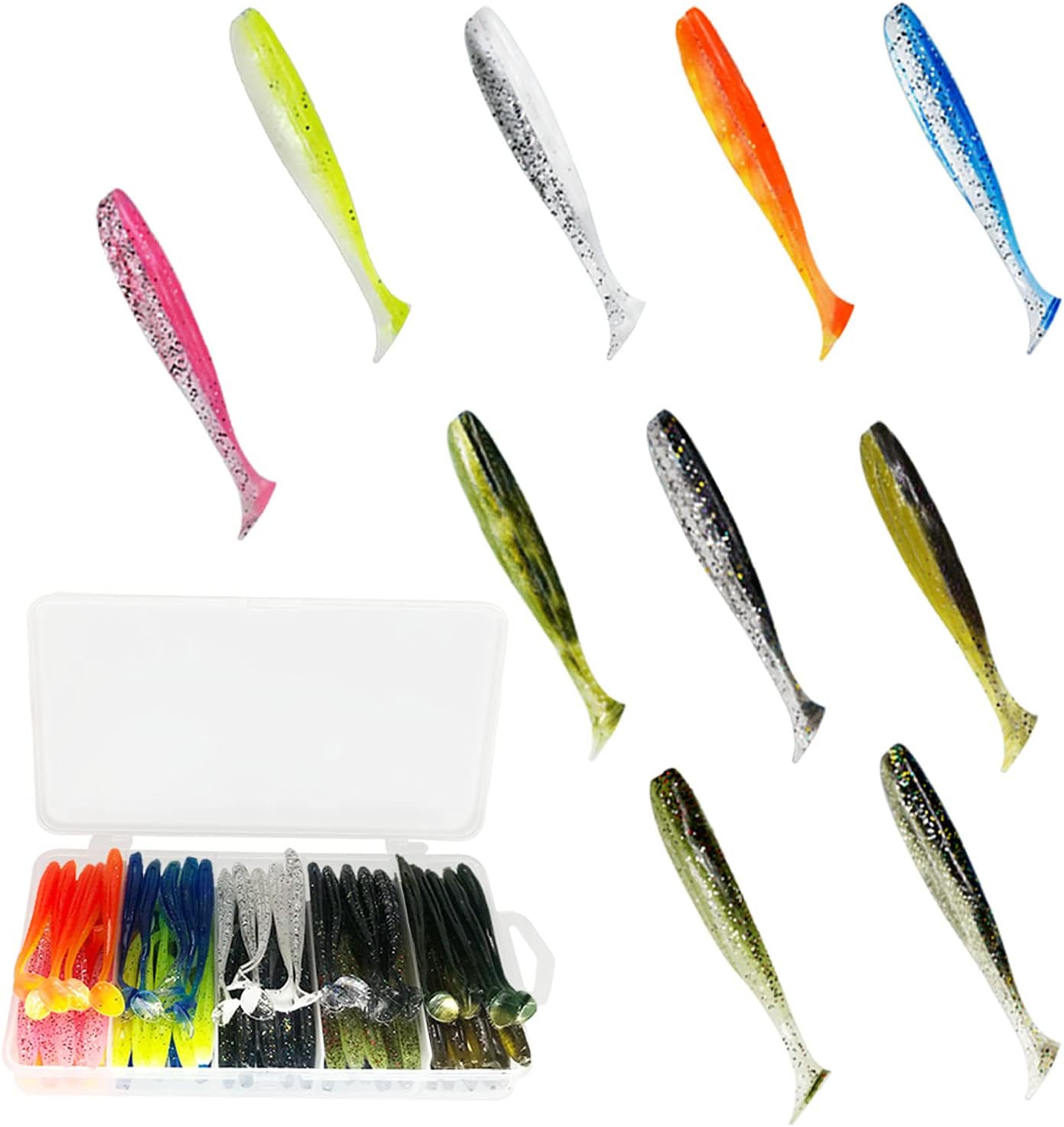 SYMEINA 100pcs Paddle Tail Swimbaits Lures, Soft Plastic Fishing Lures Kit, Bass Fishing Bait for Freshwater and Saltwater with Box : Sports & Outdoors
