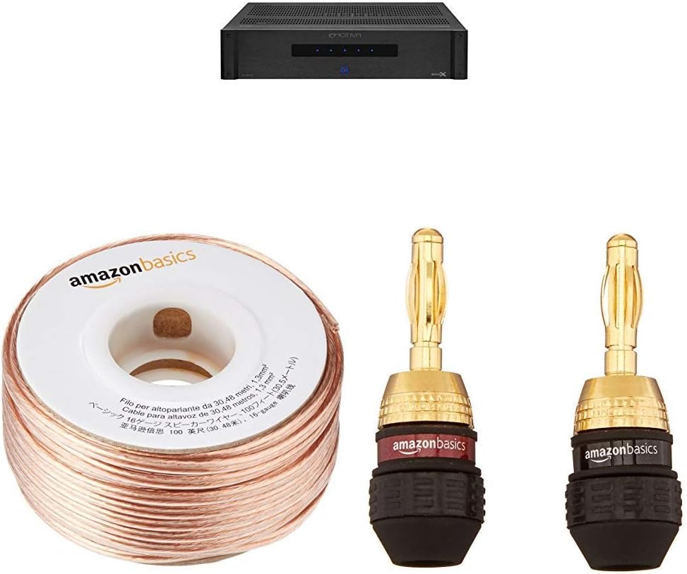 Emotiva Audio A-500 BasX 5-Channel Power Amplifier, Black with Amazon Basics 16-Gauge Speaker Wire - 100 Feet with Banana Plugs - 6 pairs