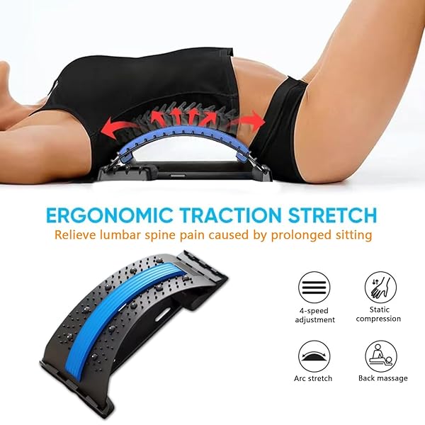 LUMBAR SUPPORT BOARD & BACK STRETCHER – 4-LEVEL ADJUSTABLE CRACKER FOR LOWER BACK PAIN RELIEF, HOME OFFICE USE (BLUE)