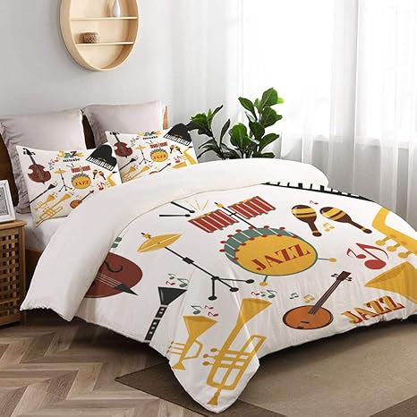 Amazon Lubataga 布団カバーダブル 4点セット ジャズ楽器ツールアイコンジャズバンド 肌に優しい掛けふとん 枕カバー 洋式 和式兼用 ベッドカバー190x210cm 寝具カバーセット オンライン通販
