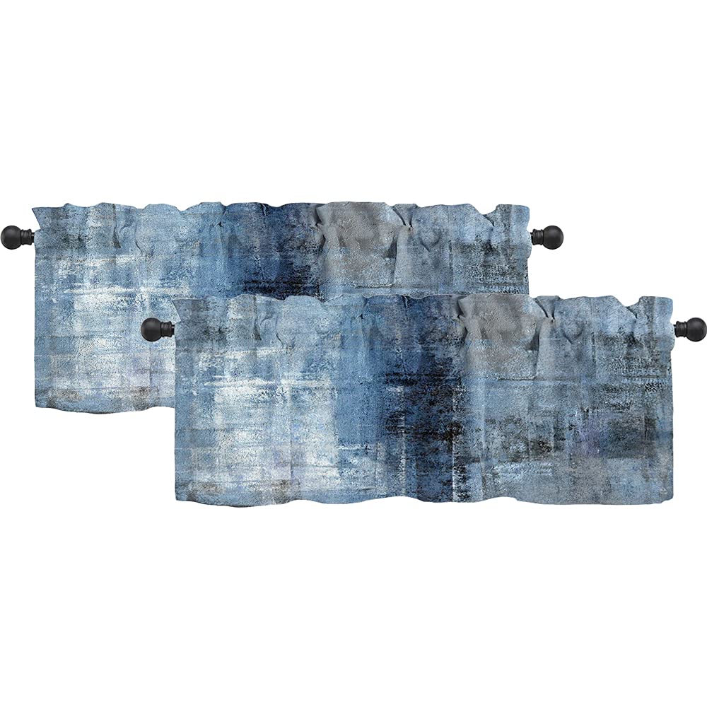 Photo 1 of 2 Pack Navy Blue Short Window Valance Curtains - Abstract Art Farmhouse Window Treatment Valances Curtain for Kitchen Bedroom Bathroom Living Room Dining Room Cafe Decor with Rod Pocket, 54 x 18 in
