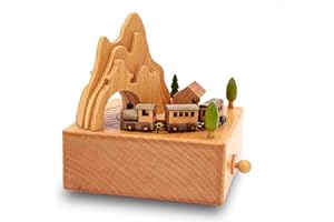 EFLSYFC Handmade Wooden Rotating Music Boxes - Musical Box Smart Castle Toy Decoration Featuring Mountain Tunnel with Small Moving Magnetic Train (Little Train)