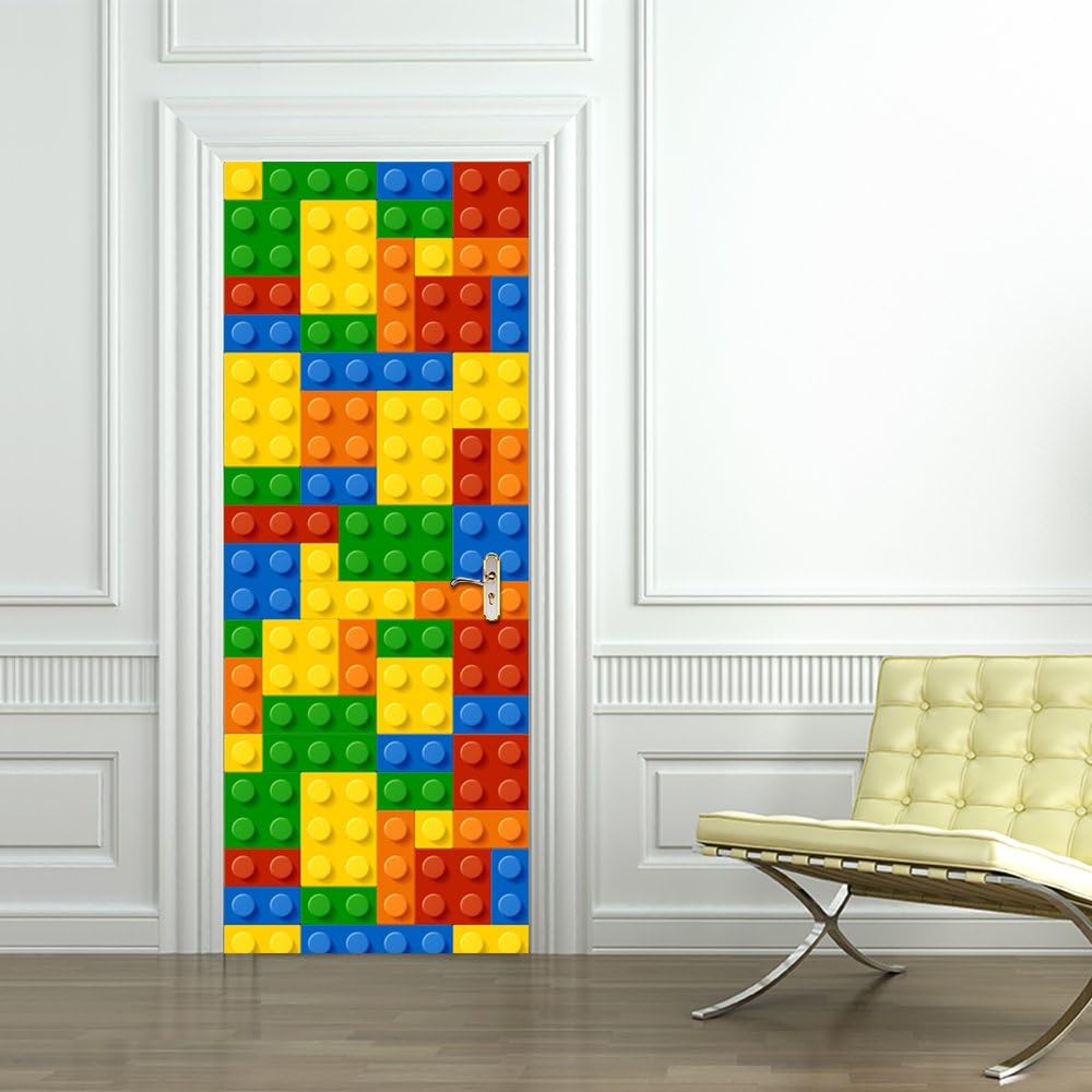 Modern Art 3D Door Mural Sticker, Peel and Stick Removable Vinyl Door Decals for Home Decor 30.3x78.7(77x200cm), 2 Pcs Set (Lego)