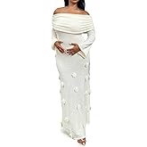 Unybwonn Women Sexy Off Shoulder Crochet Maxi Dress Bodycon Stretchy Mesh Knit Dress Long Sleeve Tube Top Elegant Dresses
