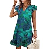 QACOHU Spring Summer Dresses for Women 2026 V Neck Cap Sleeve Ruffle Hem Smock Short Casual Beach Dress
