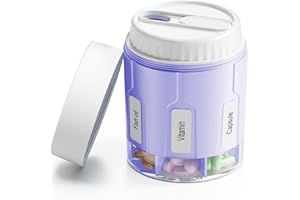 Daviky Pill Bottle Organizer, Supplement Organizer with 7 Large Compartments, Travel Pill Dispenser Round Pill Box with Two Lids（Purple）