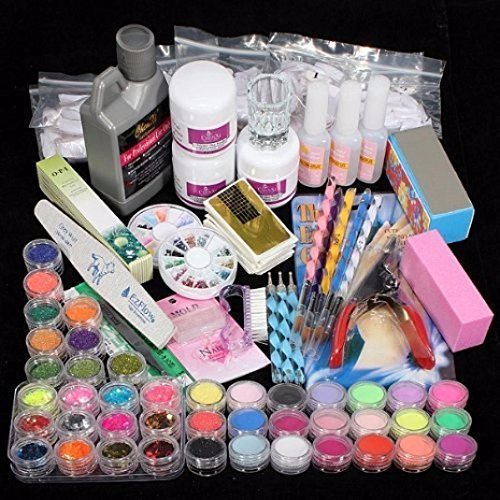WILLTOO 42 Acrylic Nail Art Tips Powder Liquid Brush Glitter Clipper Primer File Set Kit