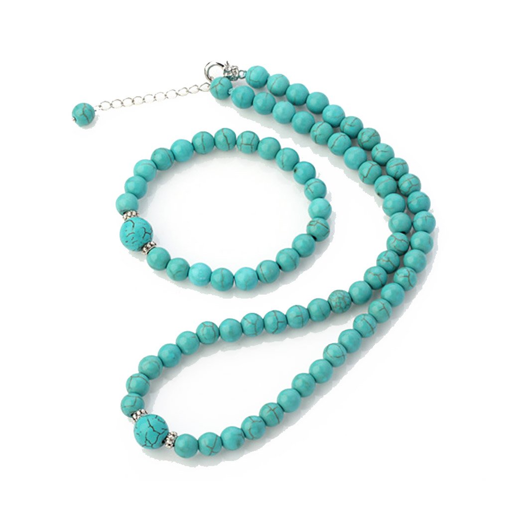 Treasure Bay 8-12mm Round Shape Turquoise Gemstone Beaded Necklace and Matching Bracelet Jewellery Set