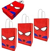 12 PCS of spidey-themed party gift bags. Made of kraft paper and equipped with handles, they are perfect for holding candies, snacks, etc. They are suitable for various festivals and birthday parties.
