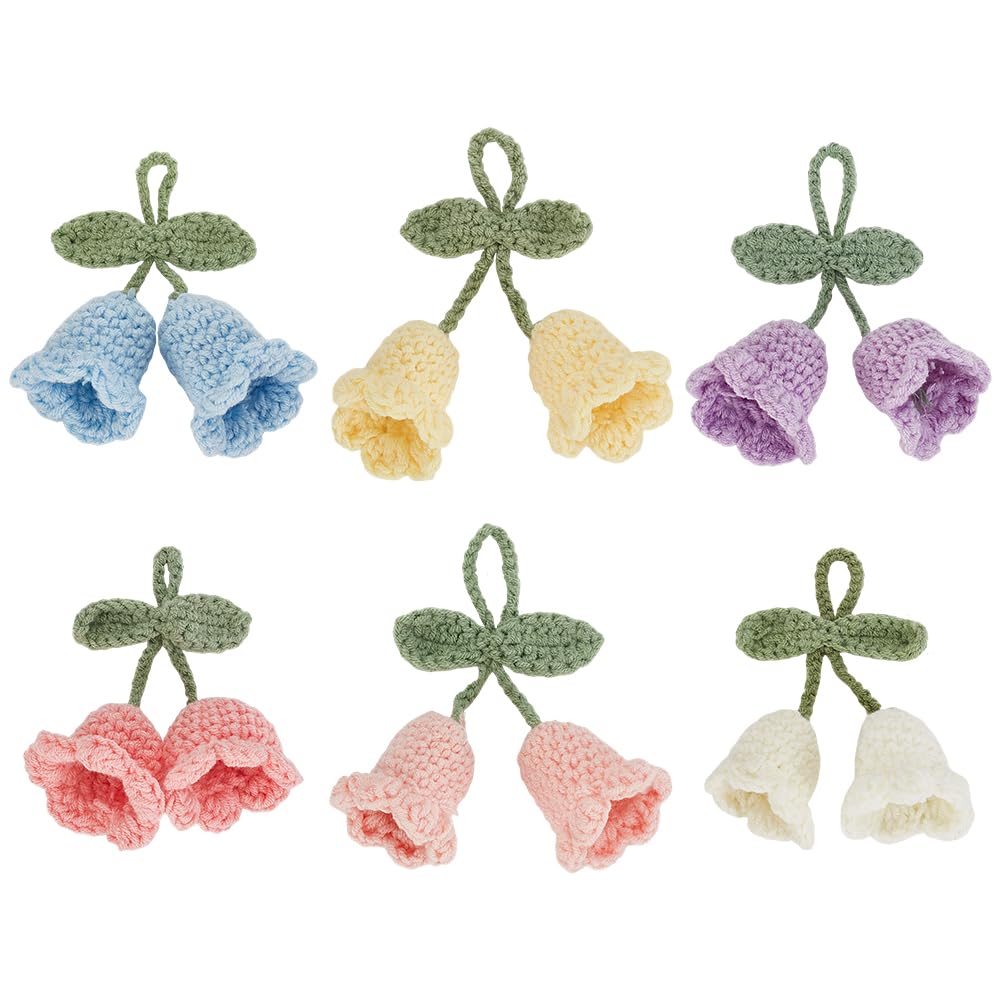 MAYJOYDIY 6Pcs Crochet Bell Orchid Pendant Knitted Bluebell Flower Charms Handmade Cute Campanula Hanging Charm Cotton Fabric Flower Ornament for Car Keychain Bag Supplies Home Decor