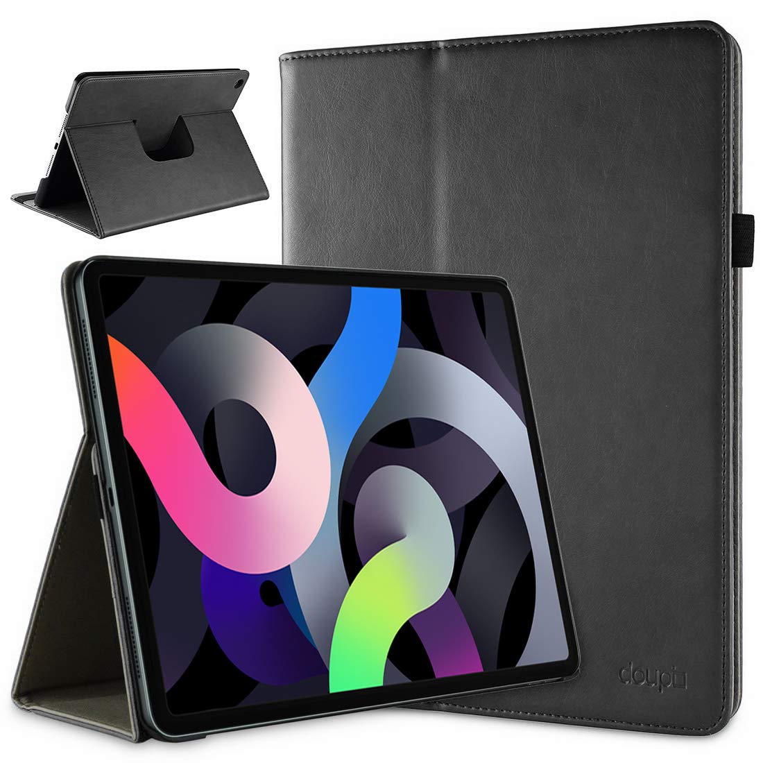 doupi Smart Flip Cover for iPad Air (4. / 5. Gen. 2020, 2022) 10.9 inch, Deluxe Protective Case with Sleep/Wake Function 360 Degree Rotatable Stand Screen Protector, Black