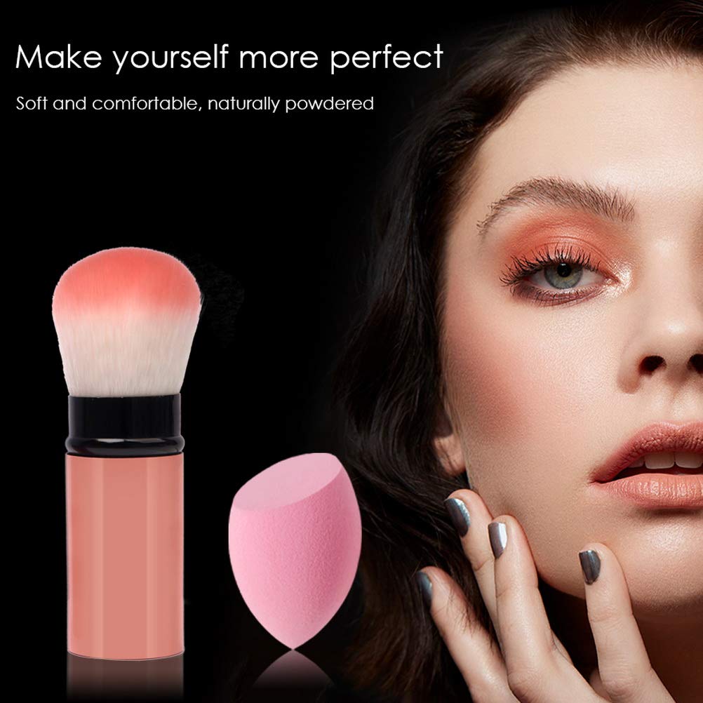 Retractable Makeup Brush, 1pcs Portable Face Blush Brush with 1pcs Makeup Sponge Pink Travel Powder Brush with Cover Cosmetics Make Up Tool: Beauty