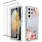 Vavies Case for Galaxy S21 Ultra 5G with Tempered Glass Screen Protector, Full Body Clear Floral Protection Phone Cover for Samsung Galaxy S21 Ultra Rose Flower