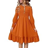 Yoklass Girls Smocked Dress Casual Puff Long Sleeve Ruffle Neck Dresses 4-13 Years