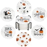 Halloween Drink Absorbent Coasters with Holder Set of 6, Ceramic Stone with Cork Base, White Marble Design with Pumpkin Pattern Coaster for Drinks, Gift for Housewarming Room Bar Home Decor Kitchen
