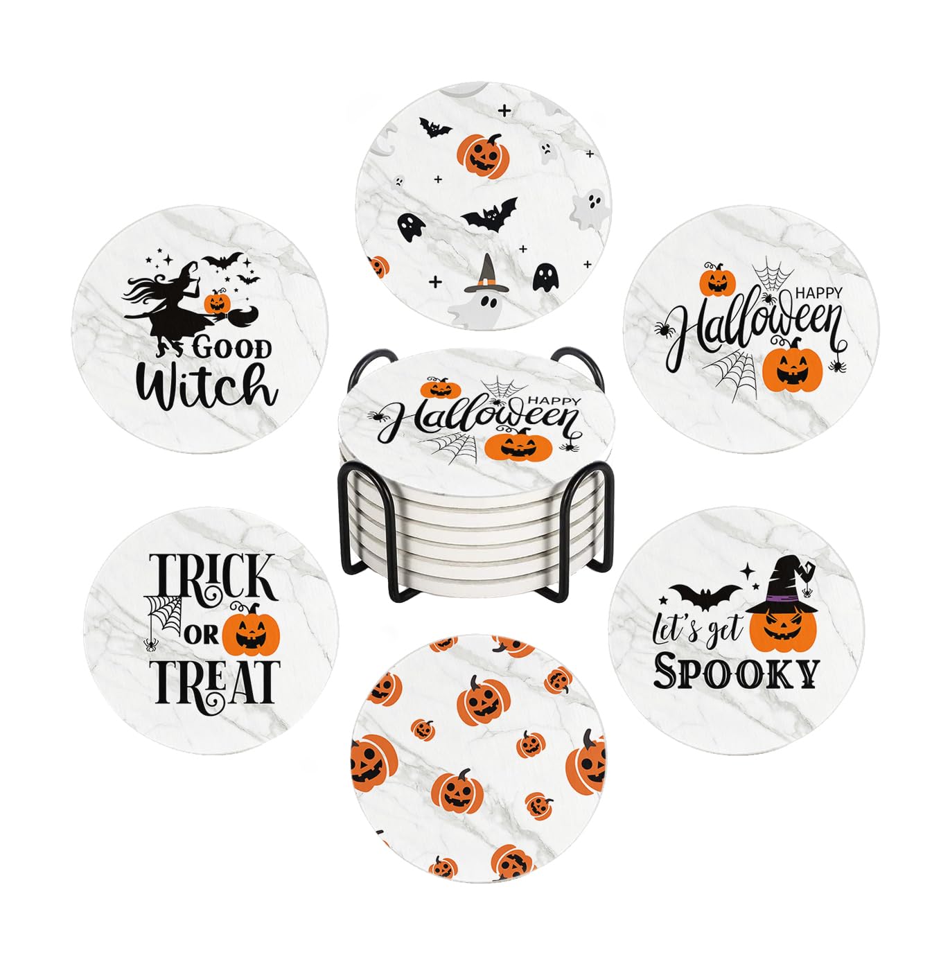 Halloween Drink Absorbent Coasters with Holder Set