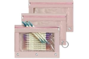 QIANSHAN Pencil Pouch 3 Ring Binder,3 Packs Binder Pencil Case with Zipper Closure, Multi-Color Big Capacity Pencil Case, Clear Window Binder Pencil Pouch, Pencil Bag with 3 Re-enforced Grommets. Pink
