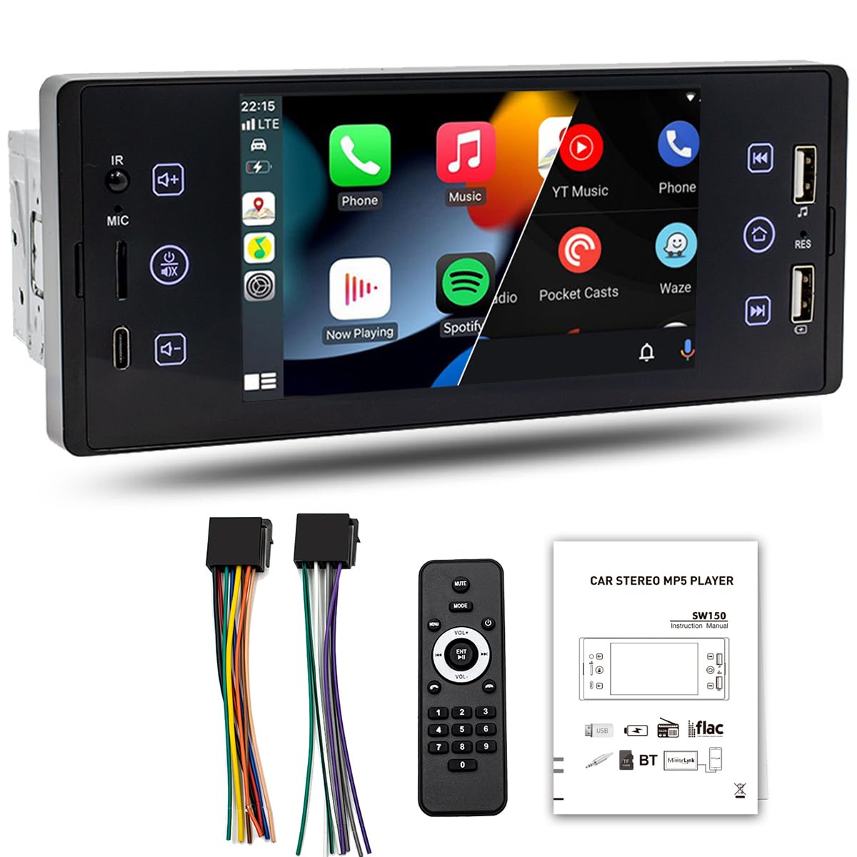 Single Din Car Stereo with 5" Touchscreen Compatible with CarPlay Android Auto Bluetooth Touch Screen FM Radio Mirror Link Type-C USB 2.1A Fast Charge