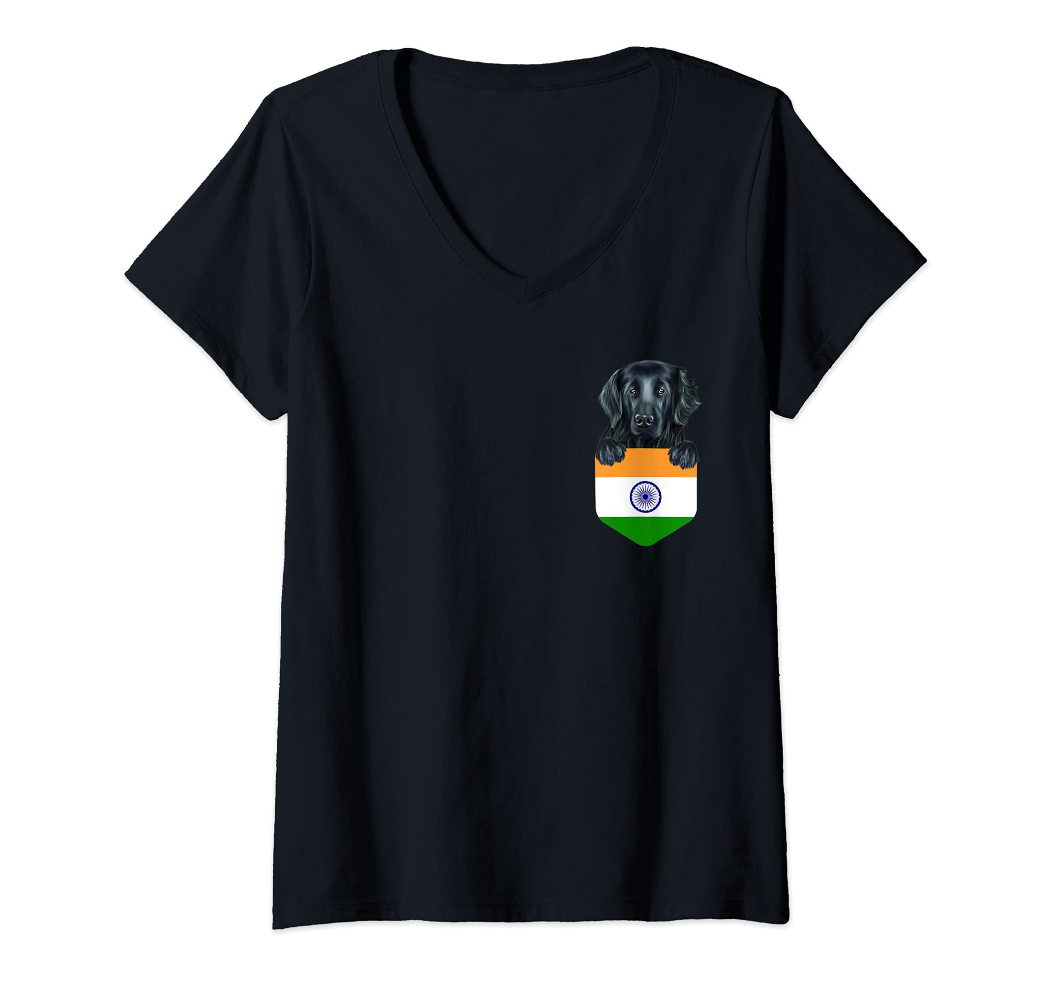 Womens India Flag Flat-Coated Retriever Dog In Pocket V-Neck T-Shirt