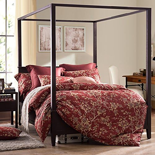Homehug® Luxury Royal 300 Thread-count 100% Sateen Cotton Red Leaves Designed Pattern 3pc Duvet Cover Sets with Pillow Shams Full Queen Size - 1 Year 100% Satisfaction Guarantee (Full Size)