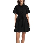 D-Sun Women Casual Button Down Shirt Dress V-Neck Short Sleeve Tie Waist Mini Shirt A-Line Flowy Elegant Short Party Dress