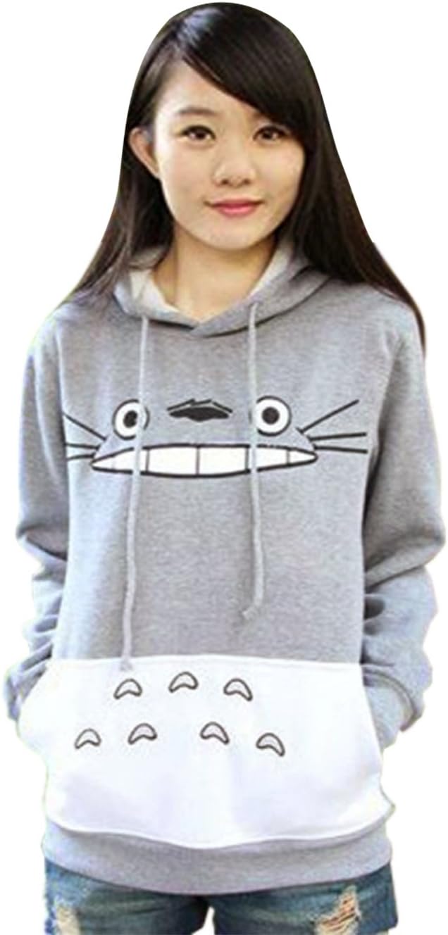 CRAVOG Women Casual Hooded Cartoon Print Patchwork Pullover Hoodie Plus Size Sweatshirt