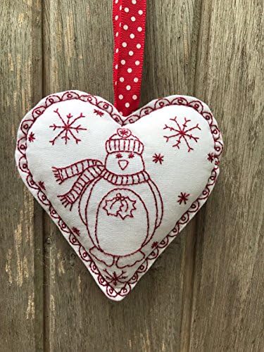 Penguin Christmas Redwork Hanging Heart Decoration Kit