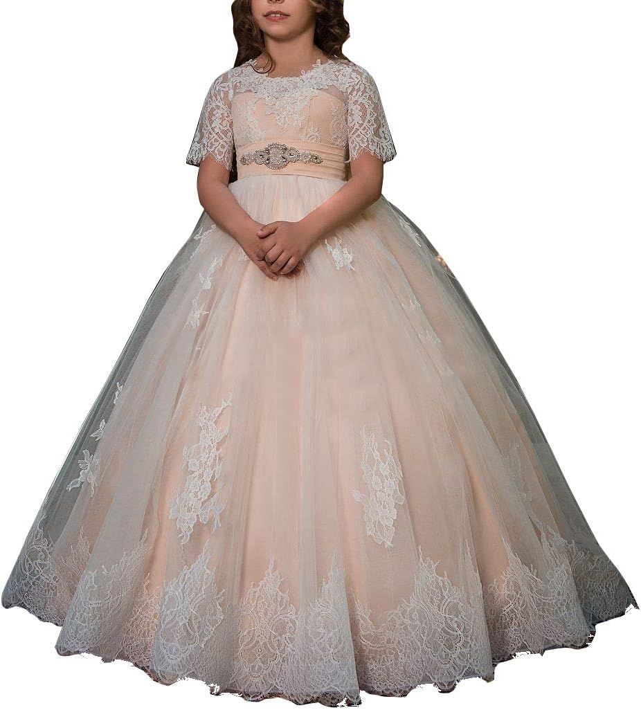 LanBen Beaded Pearl Crystal Lace Wedding Flower Girl Dresses Evening Communion with Sleeve