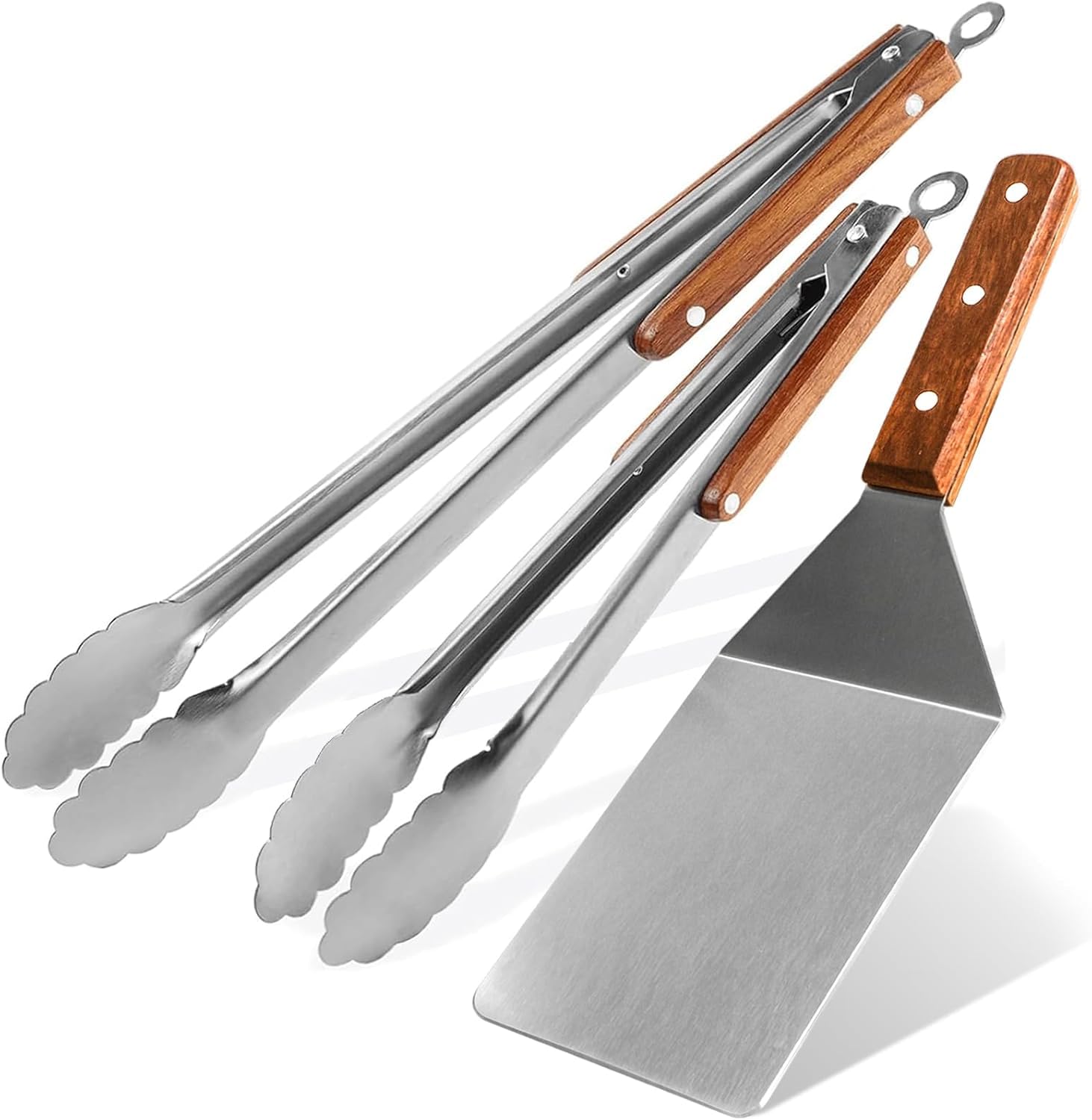 Tongs and Spatula Set of 3, Heavy Duty Stainless Steel Kitchen Tongs 12"/16" & Metal Spatula 4 x 5.5 with Wood Handle for BBQ Grill Flat Top Griddle, Professional Grill Accessories Gift