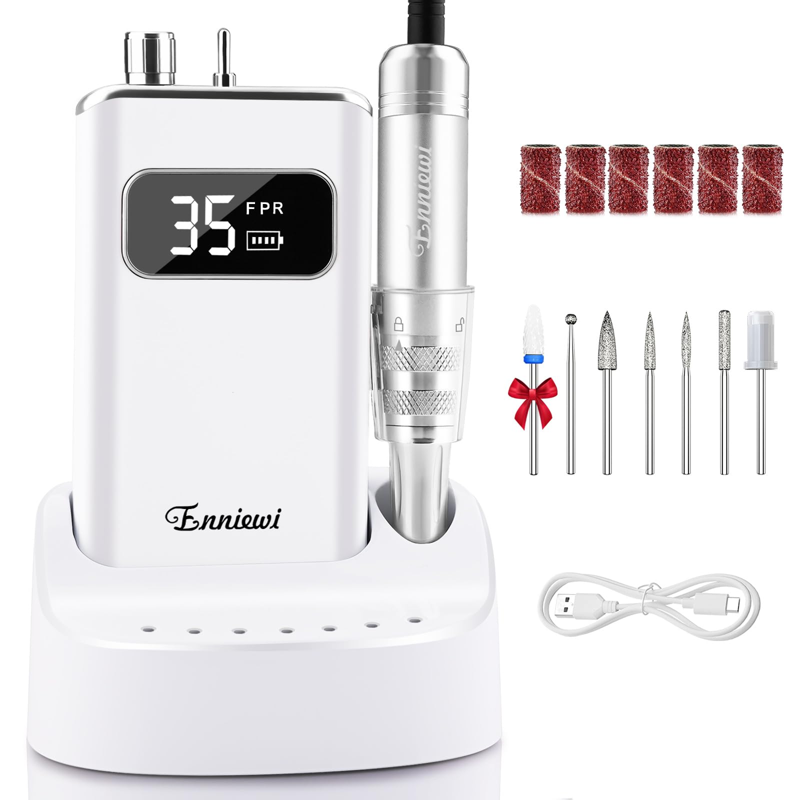 Photo 1 of Enniewi Electric Nail Drill File, Professional Portable Nails Drills Kit with Rechargeable Base 7 uñas Bits, Cordless Efile for Poly Gel Acrylic Nails Remover Home Salon Pedicure Manicure Tool, White