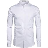 ZEROYAA Men's Banded Collar Slim Fit Long Sleeve Casual Button Down Dress Shirts with Pocket