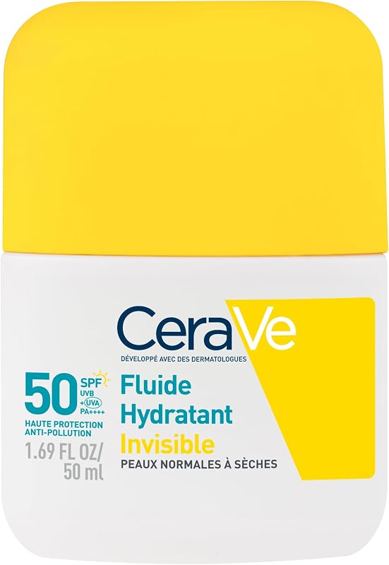 , Fluide Hydratant Invisible SPF 50 Visage, Haute Protection Solaire Visage, Peaux Normales à Sèches, Hydratation 24H, Fini Invisible, Base de Maquillage, Glycérine & Vitamine E