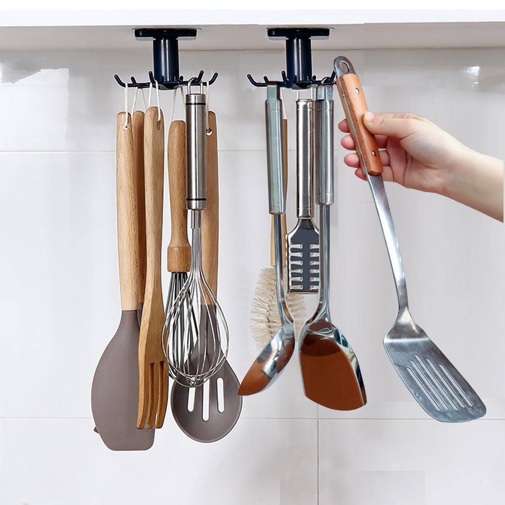 Photo 1 of HQahnekme 2pcs 360 °Rotation Utility Hooks,Under Cabinet Kitchen Hooks,Storage Shelf rv Must Haves,Nail Free Adhesive Kitchen Utensils Hanging Hooks for Kitchen Utensils/Tools/Towel/Knife(Black)