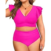 Daci Plus Size Two Piece Bikini Swimsuits - High Waisted Tummy Control Women Bathing Suits with Ruffle Sleeve Swimwear Pink 12 Plus