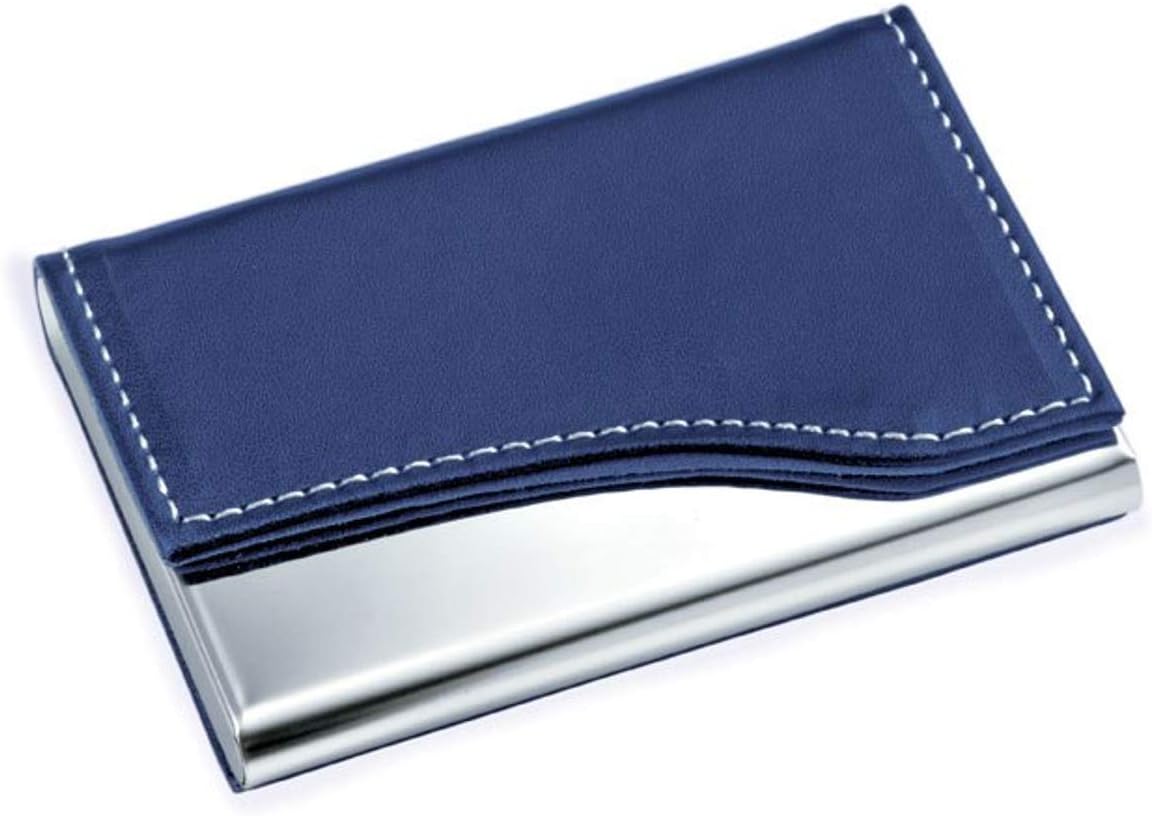 SILBERKANNE Business Card Holder with Leather Blue 9 x 6 x 1 cm Silver Plated Premium Silver-Plated