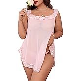 OYOANGLE Women's Plus Size Lace Sheer Chemise Nightgown and Thongs 2 Piece Lace Babydoll Lingerie Set