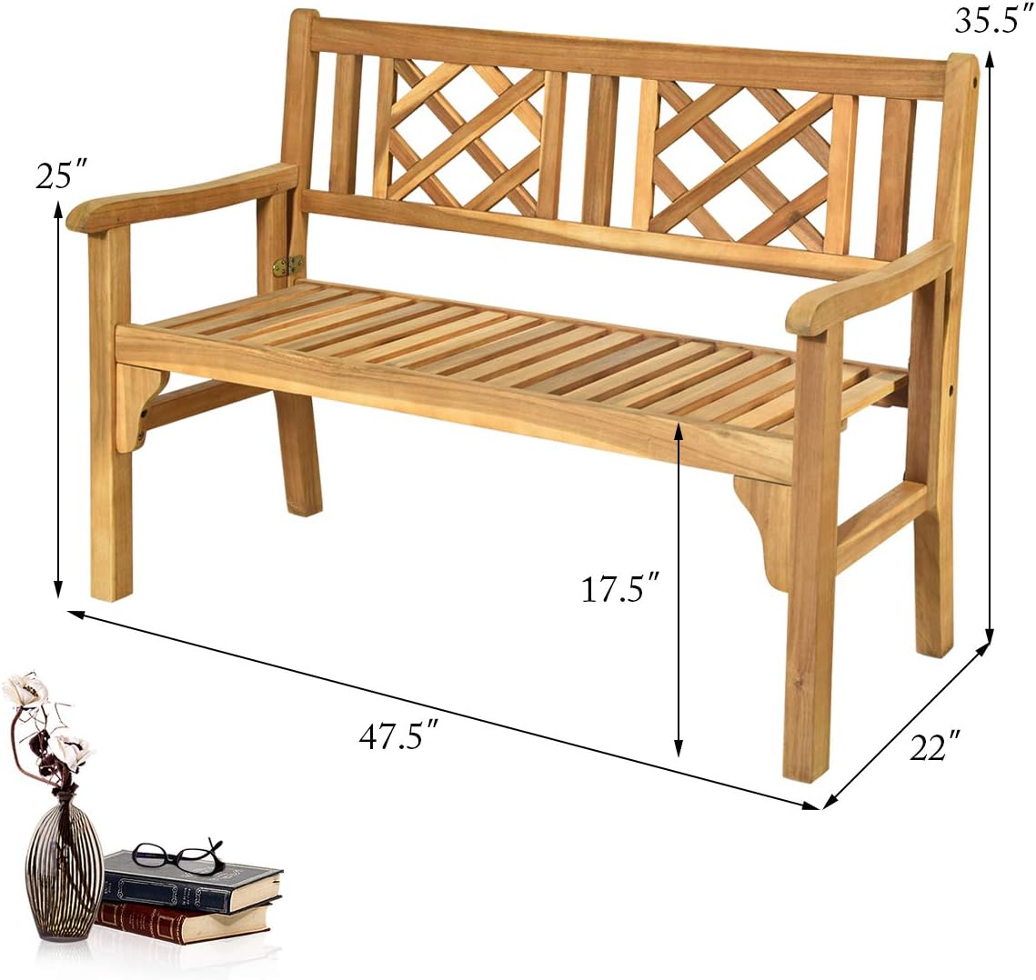 Giantex Patio Wooden Bench, 4 Ft Foldable Acacia Garden Bench, Two Person Loveseat Chair Solid with Curved Backrest and Armrest Ideal for Patio, Porch or Balcony (Teak): Kitchen & Dining