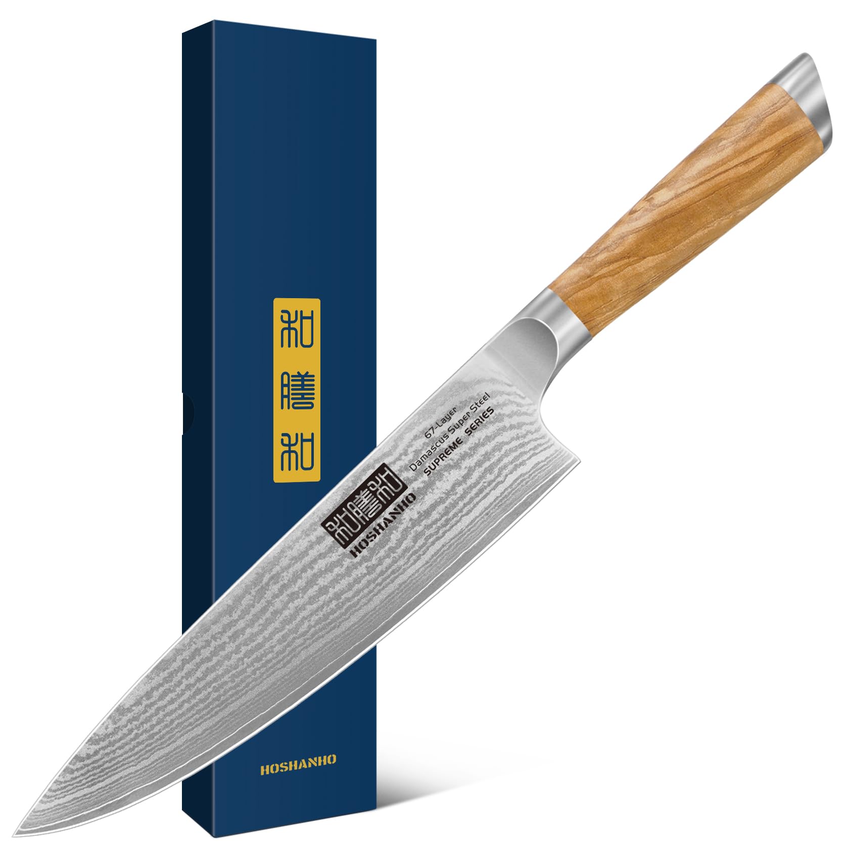 HOSHANHO Damascus Chef Knife 8 Inch, Professional 67 Layers 10Cr15CoMoV Super Steel Kitchen Knife, Ultra Sharp Japanese Knife with Durable Ergonomic Olive Wood Handle Image