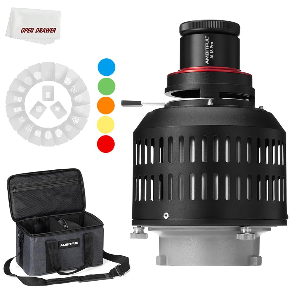 Photo 1 of (no gobo holder, ) AMBITFUL AL-18 Pro Projector LED Light Snoot, Bowens Mount Optical Snoot Light Cylinder, Spotlight for Photography, for VL150 SL60W SL60II SL150II SL50III LED Light with 40 Pcs GOBO + Bag