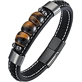 STARCHENIE Multi Strand Bracelet for Men Square Authentic Tiger Eye Black Braided Leather Mens Bracelet and Stainless Steel Buckle