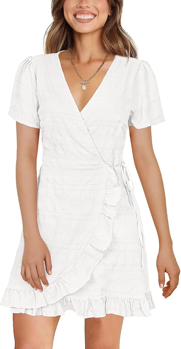 Jescakoo Summer Dresses for Women Short Sleeve Wrap Dress White S at Amazon  Women's Clothing store