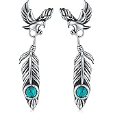 925 Sterling Silver Turquoise Feather Earrings Dangling America Western Eagle Feather Earrings Men Feather Jewelry Turquoise Western Style Gifts Hypoallergenic