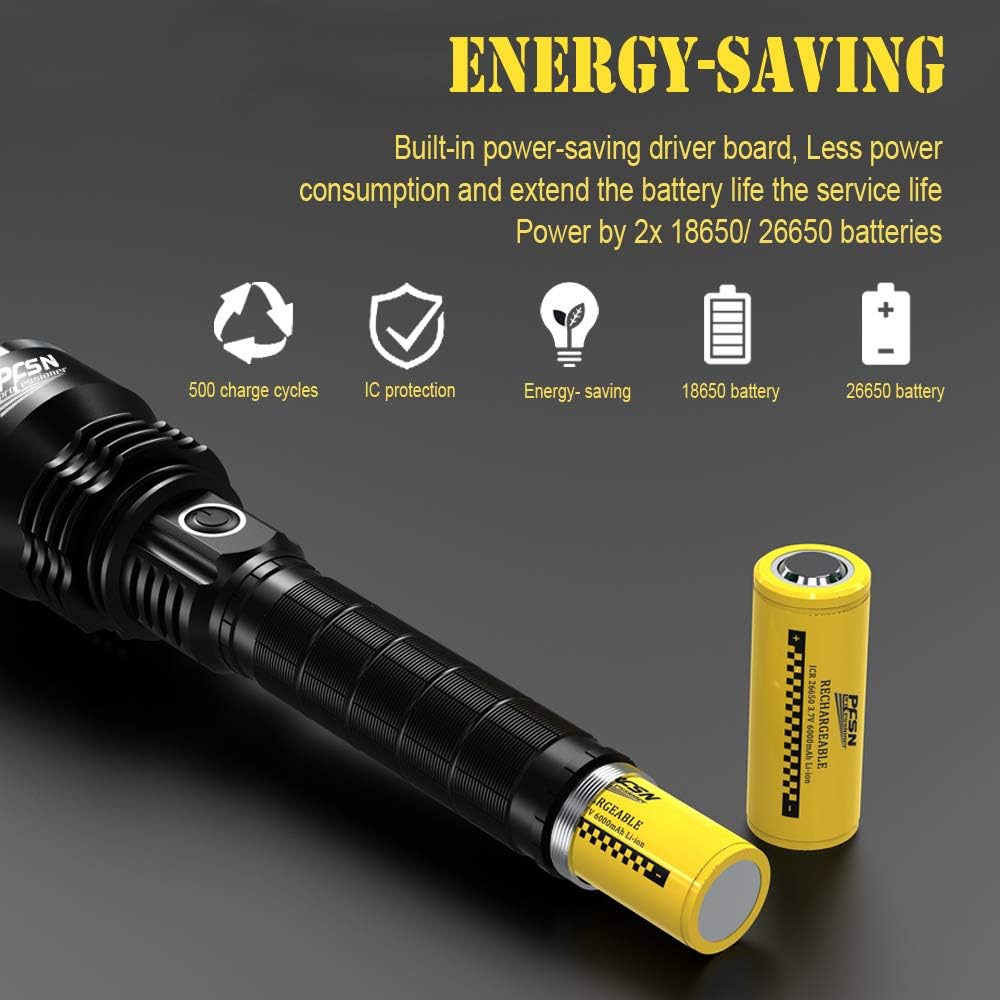 Super Bright Flashlight Rechargeable 6000 Lumen Waterproof High Powered Searchlight with Powerful P50 LED PFSN Brightest Tactical Torch Light Best for Outdoor Hunting Camping (26650 Battery Included) - - 