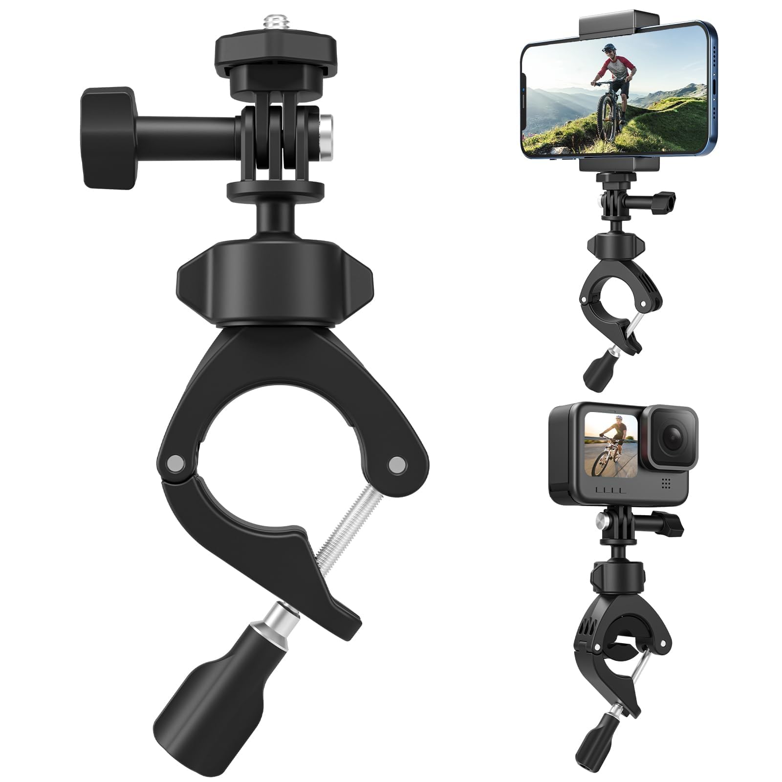 TELESIN 360° Rotatable Handlebar Mount with Phone Holder for GoPro Hero 13 12 11 10 9 8 Max Mini, Insta360 X4 X3 GO3, DJI Osmo, Smartphones, Bike Motorcycle Rearview Mirror Tube Attachment Accessories